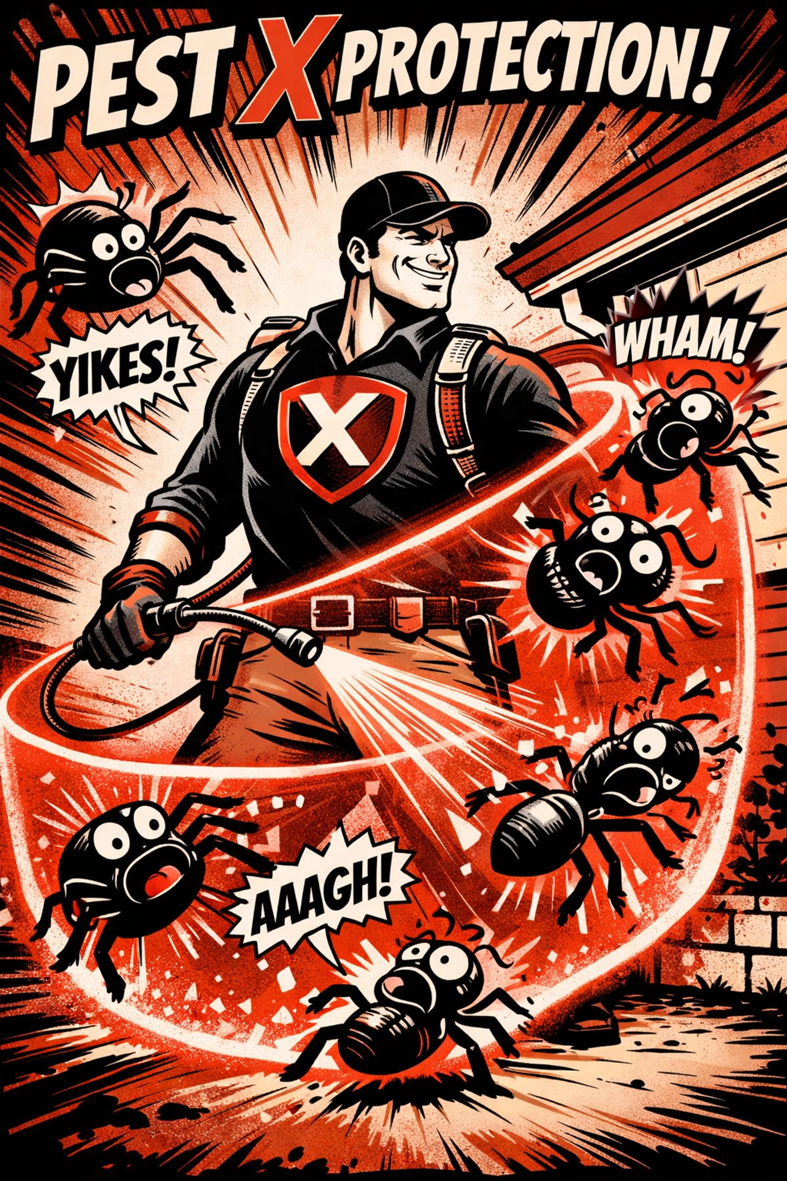 Exterminator Jasper AL spraying a protective 3x3 barrier against spiders and ants.