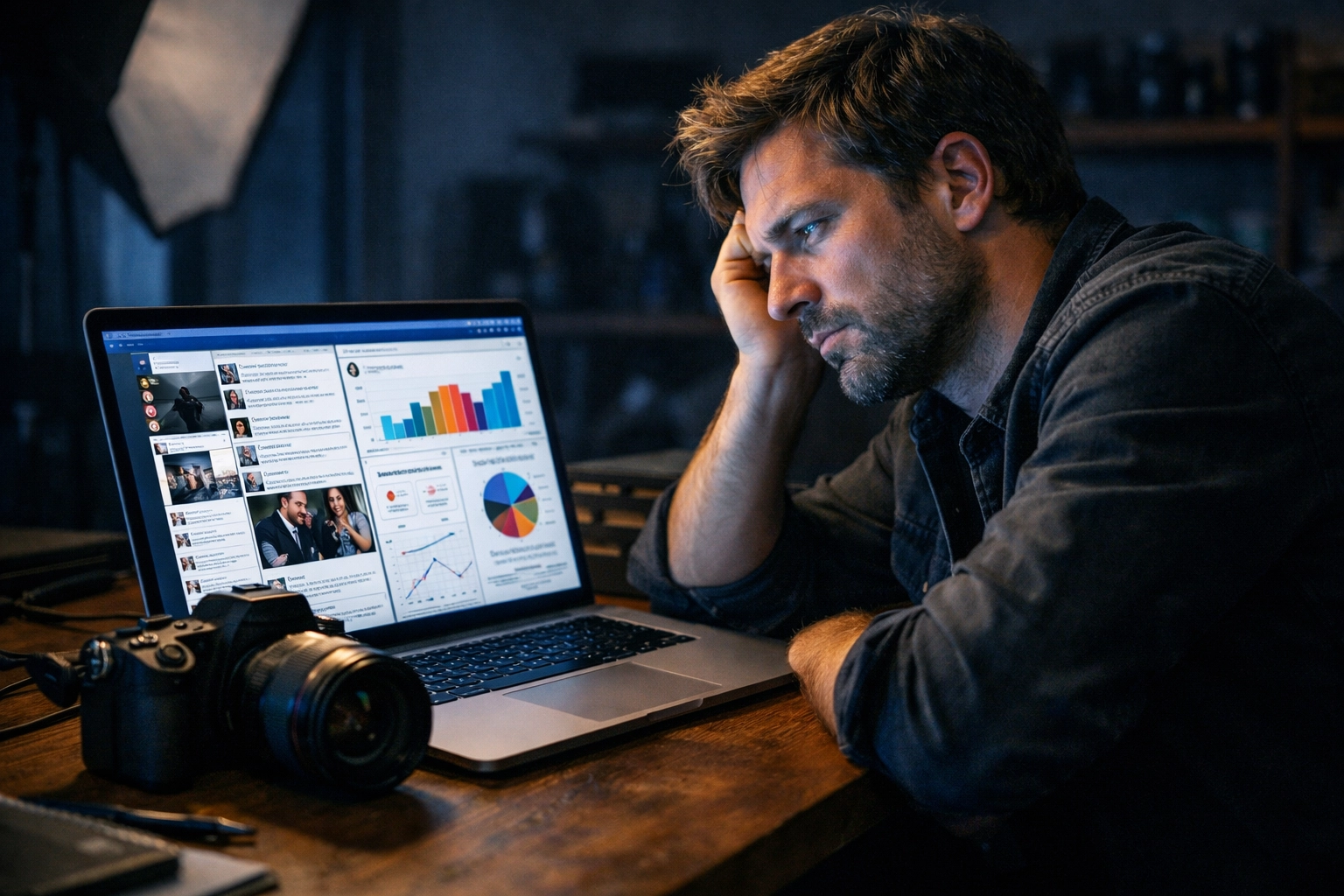 Tired freelance photographer struggling with marketing and finding photography work at a studio desk.