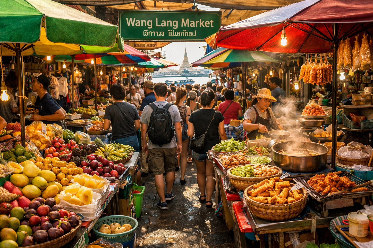 Crowded Wang Lang Market stalls in Bangkok offering a variety of authentic and affordable budget travel food.