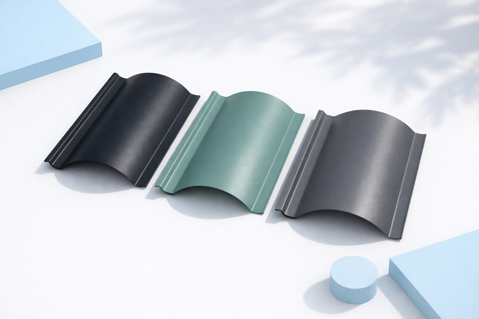 Contemporary metal roofing color swatches in charcoal and basalt grey for modern home design.