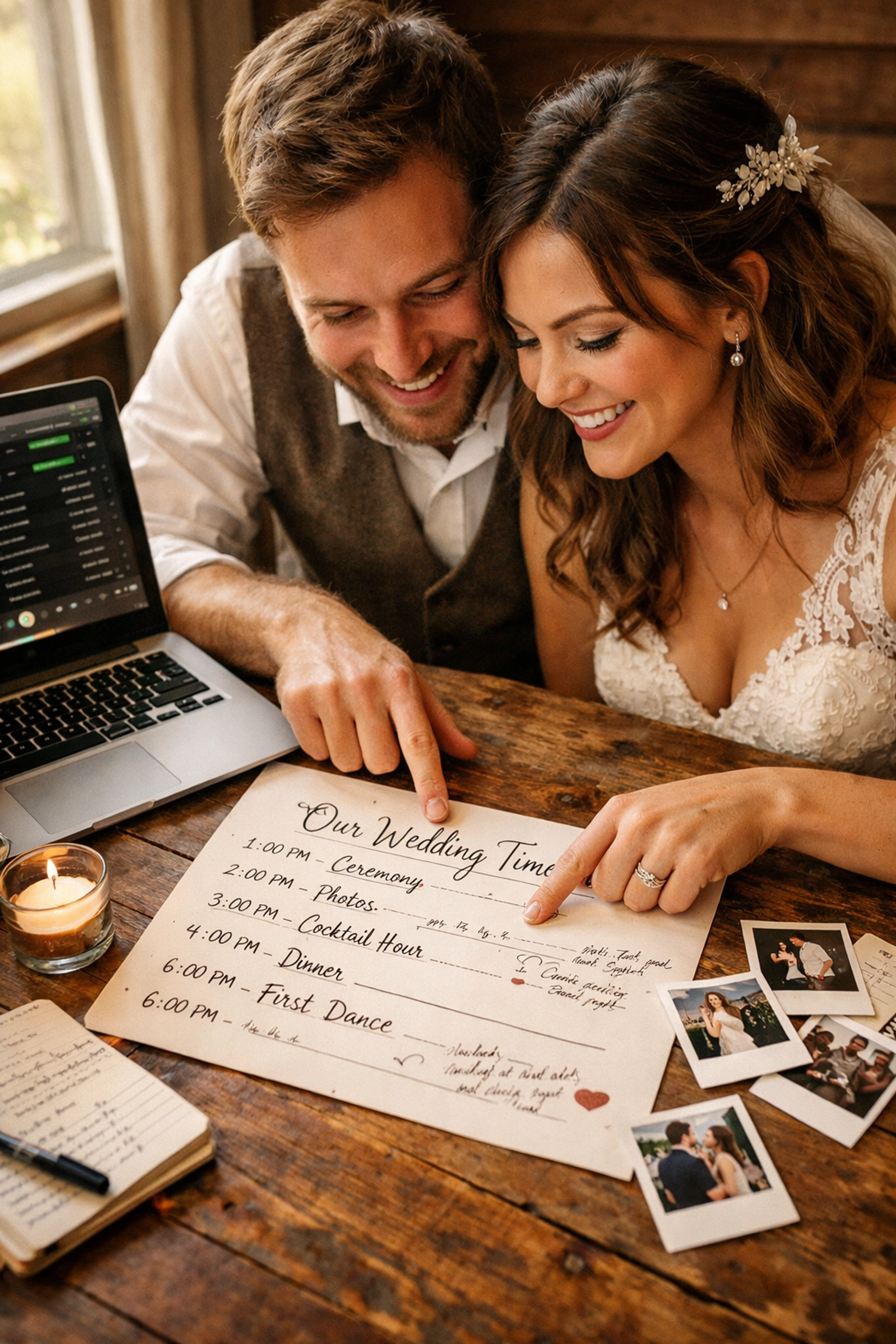 Couple planning wedding timeline and personalized playlist together