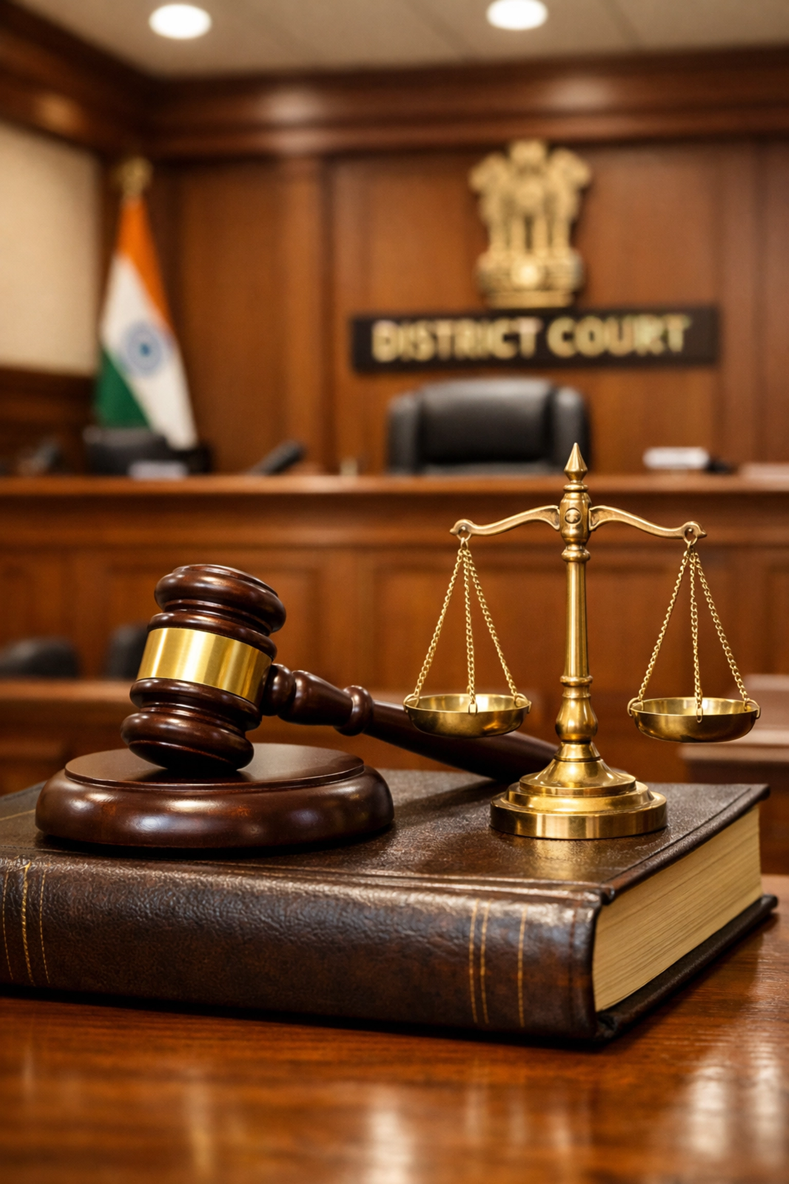 Gavel and scales of justice on a law book in an Indian District Court for NRI divorce jurisdiction.