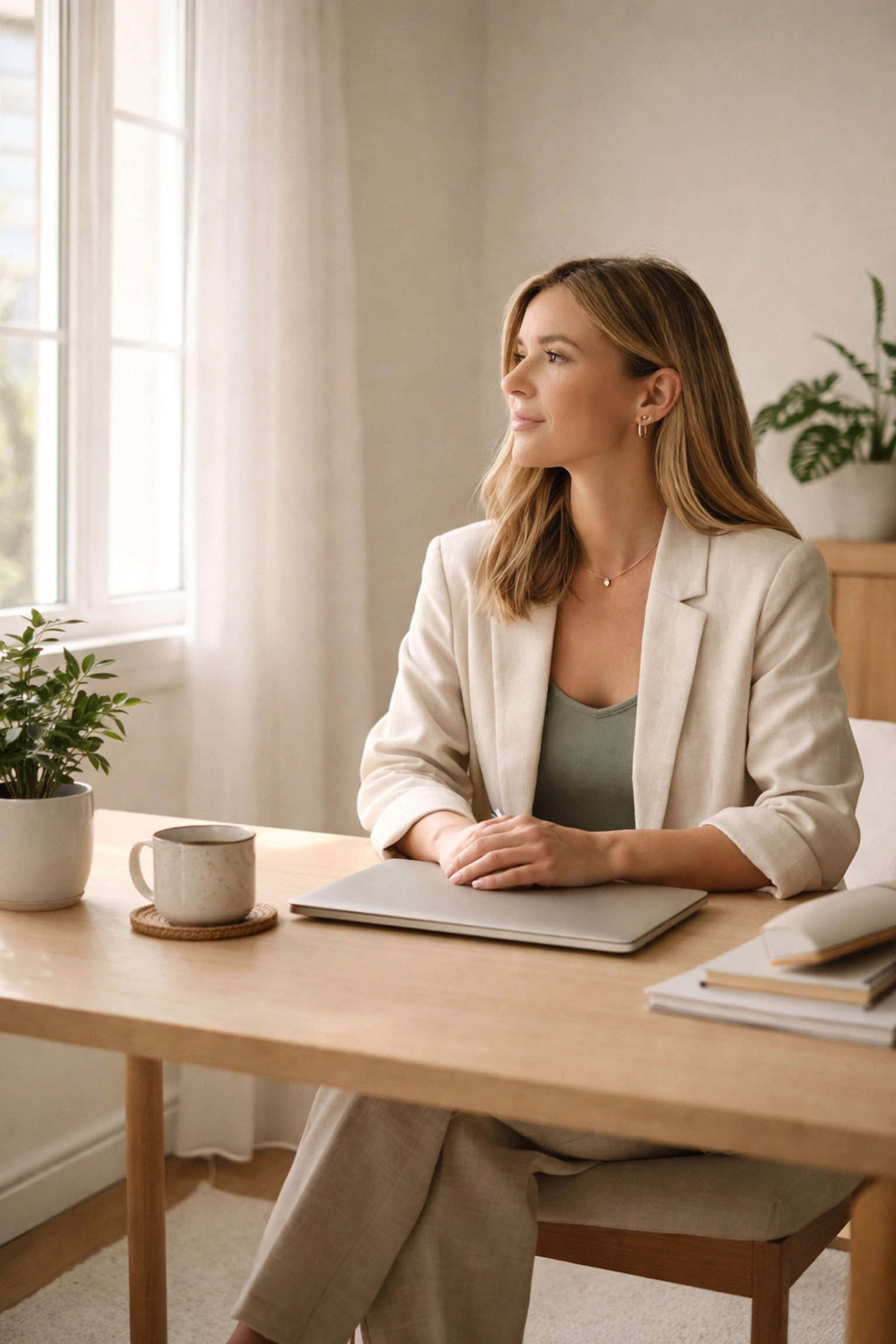Calm female founder at a minimalist desk reflecting on strategic boundaries for startup growth