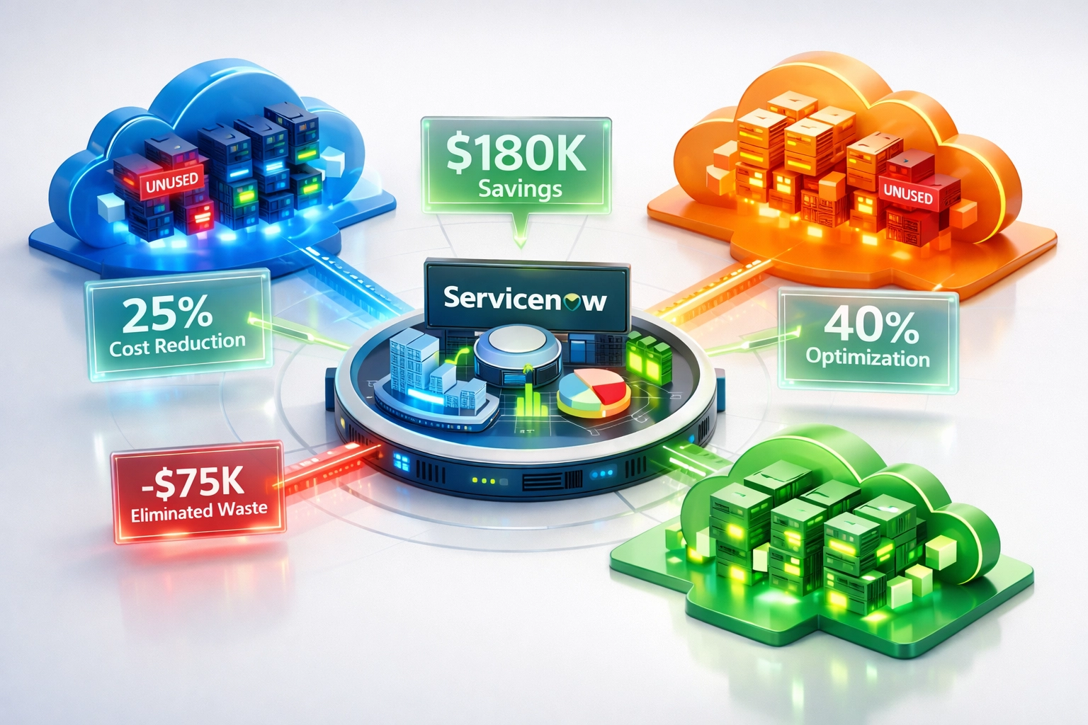 Multi-cloud cost optimization visualization with ServiceNow ITOM identifying unused resources and savings