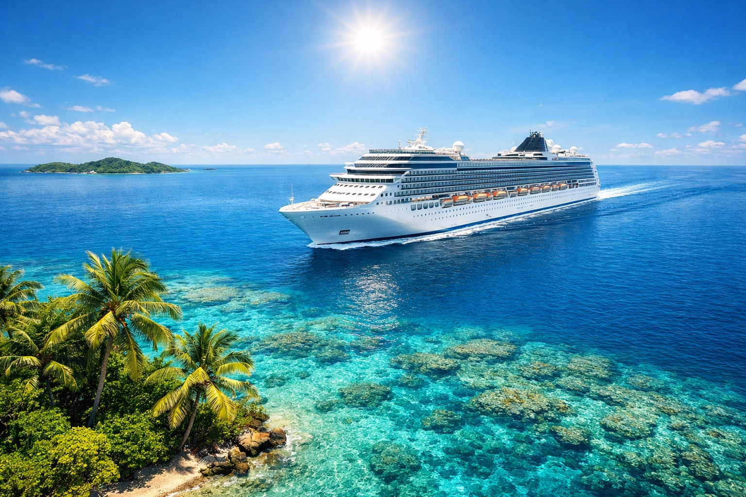 A luxury cruise ship navigating the turquoise waters of the Caribbean near a tropical island.