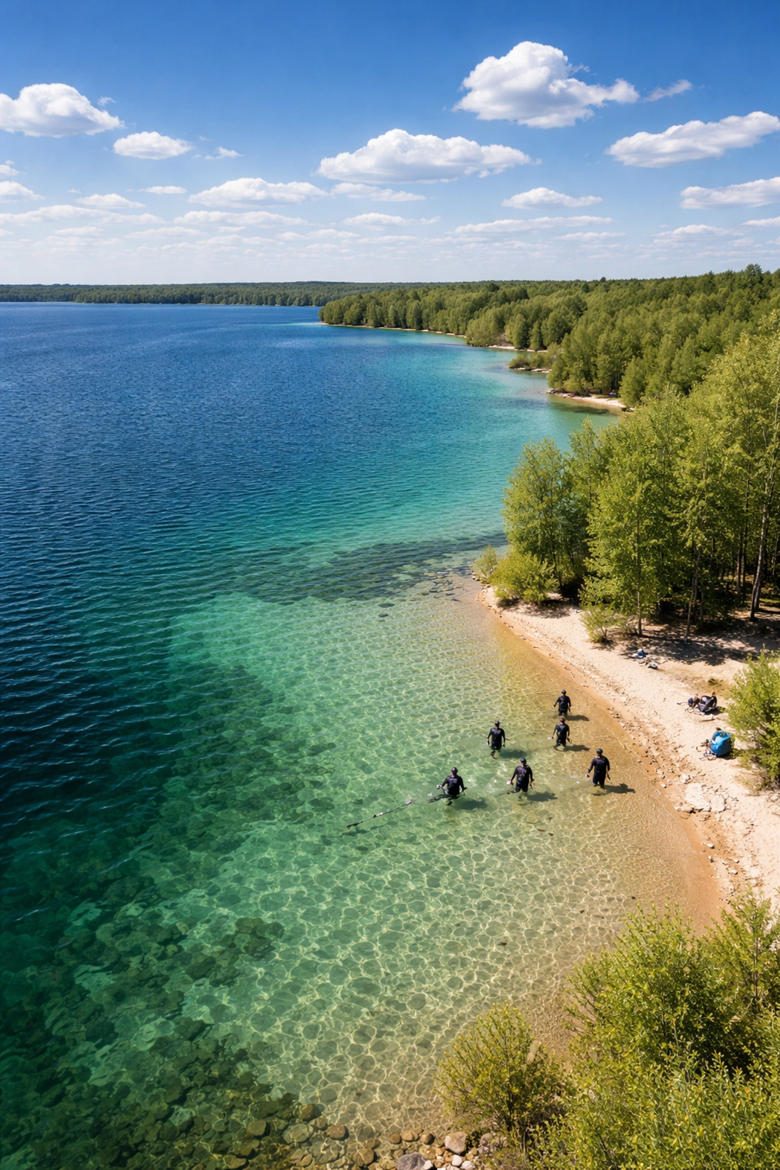 Luftbild vom Goitzschesee mit Tauchern am Ufer, ideal für Tauchausbildung in Deutschland