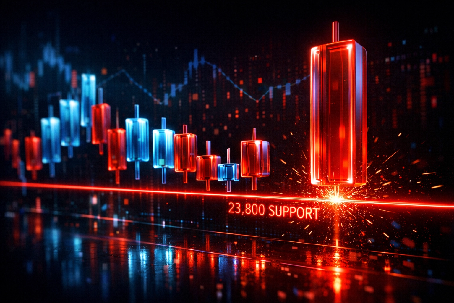Digital candlestick chart showing Nifty hitting critical support levels in indian stock market news.