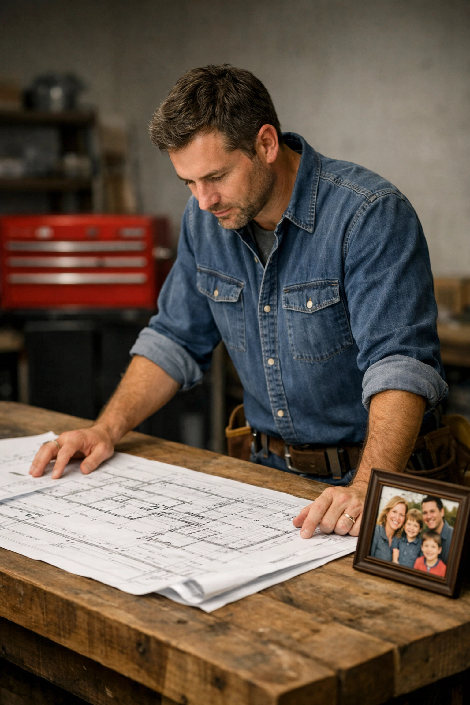 A modern warrior-steward tradesman reviewing a financial legacy blueprint in his workshop.