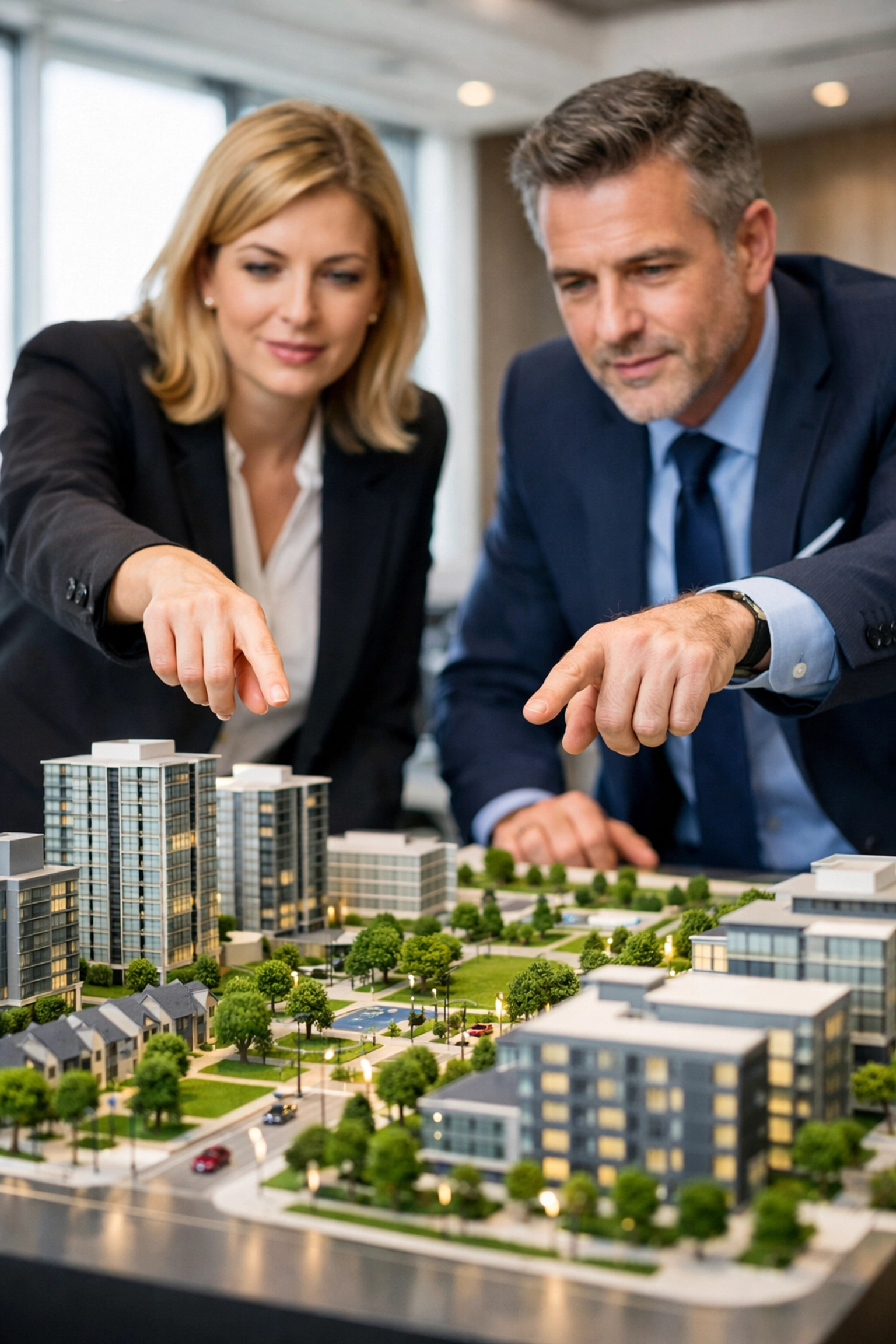 Property development experts discussing investment strategy over a physical urban development scale model.