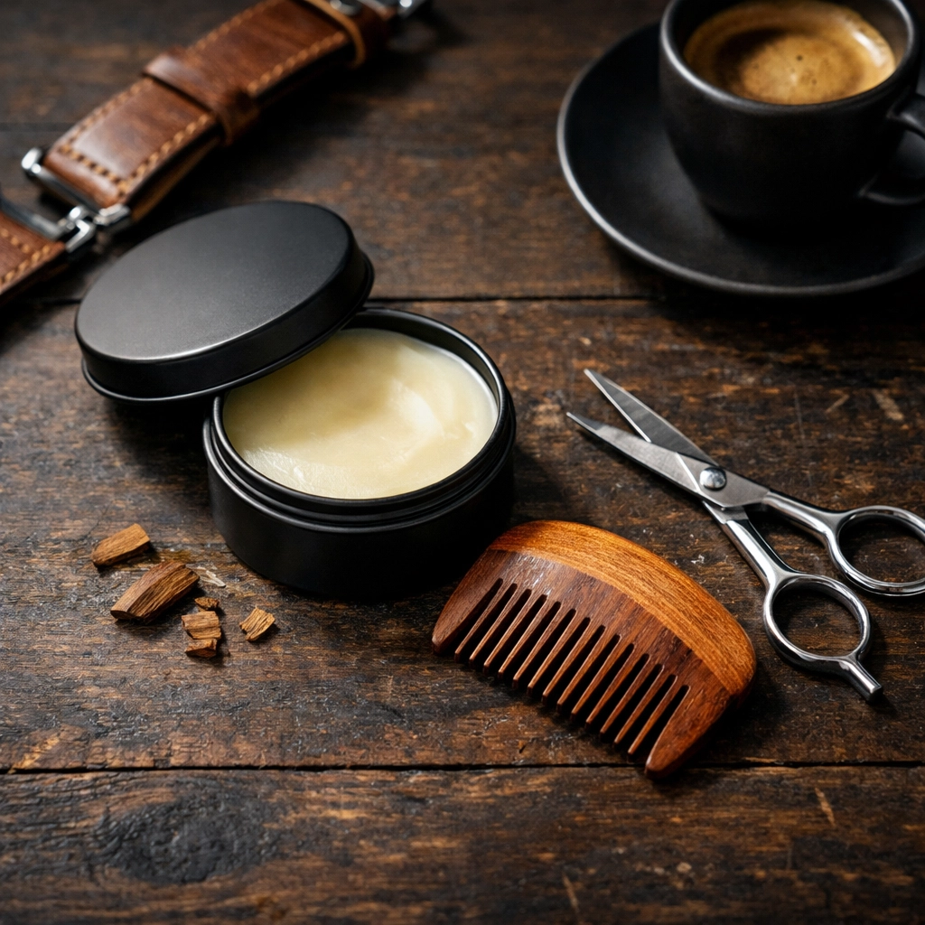 Essential beard grooming tools including premium wax and a sandalwood comb on a rustic wood surface.