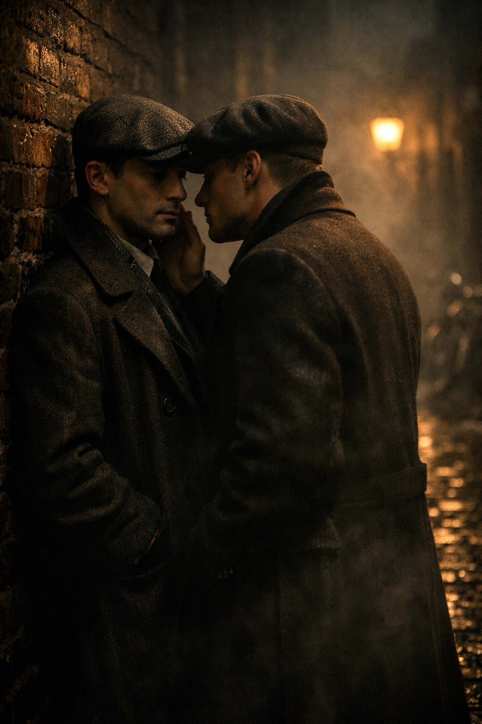 Two men in 1930s Copenhagen share a secret moment in a dark alley, reflecting gay life before decriminalization.