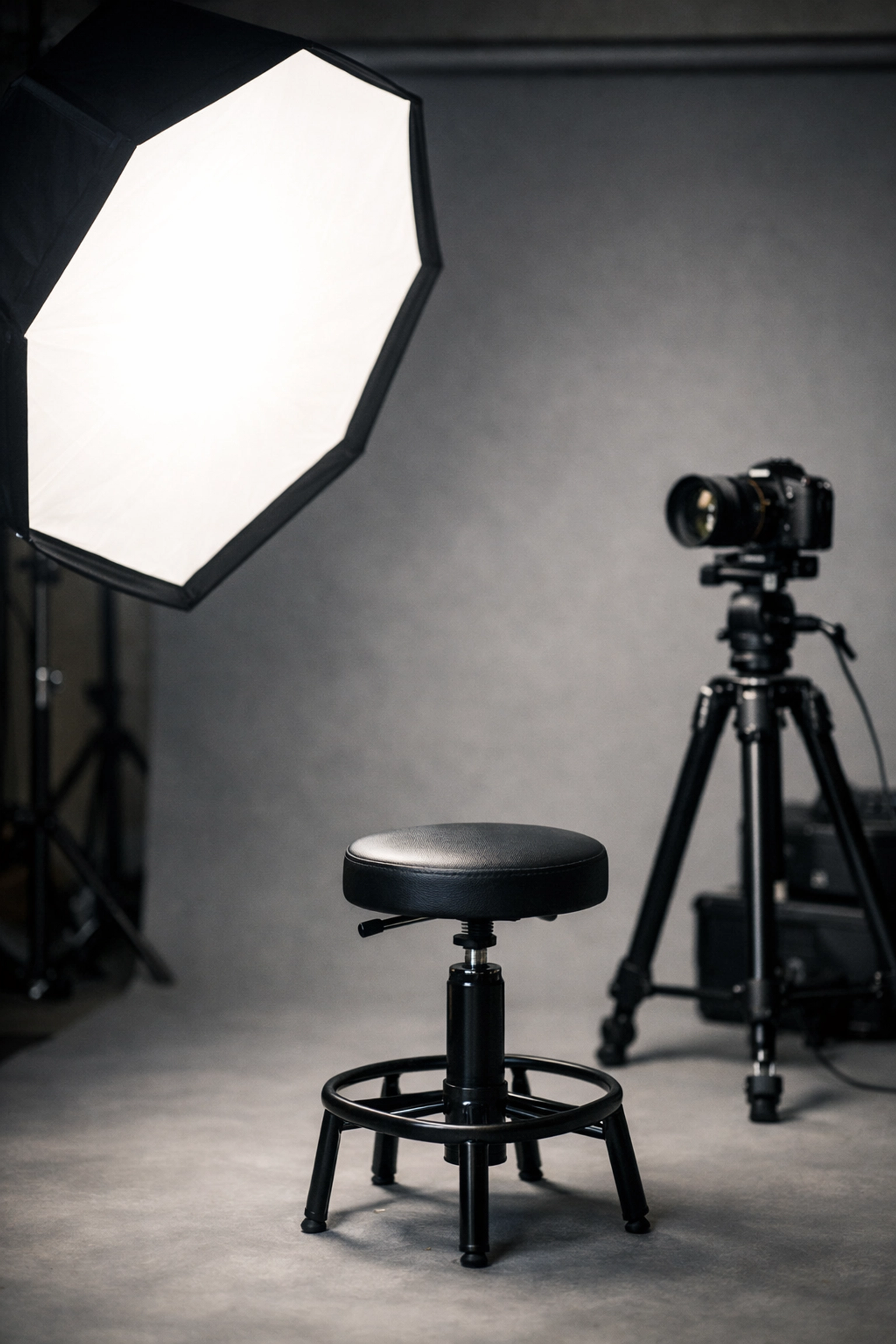 Professional studio lighting setup with a softbox and camera for best lighting for executive portraits.
