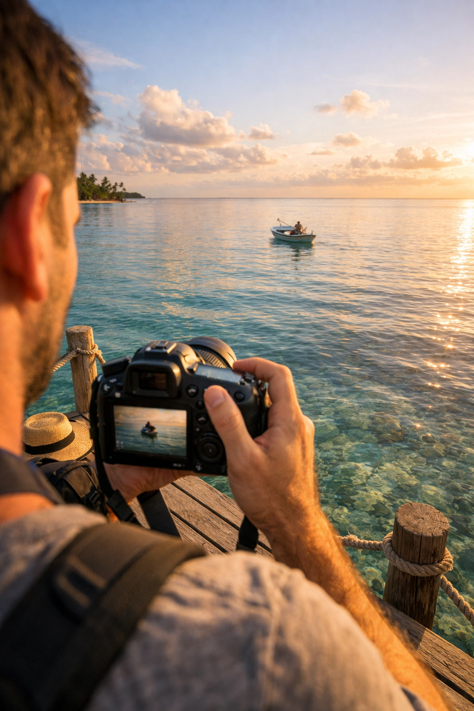 POV of a freelance photographer capturing a tropical ocean scene at sunset during a travel shoot.