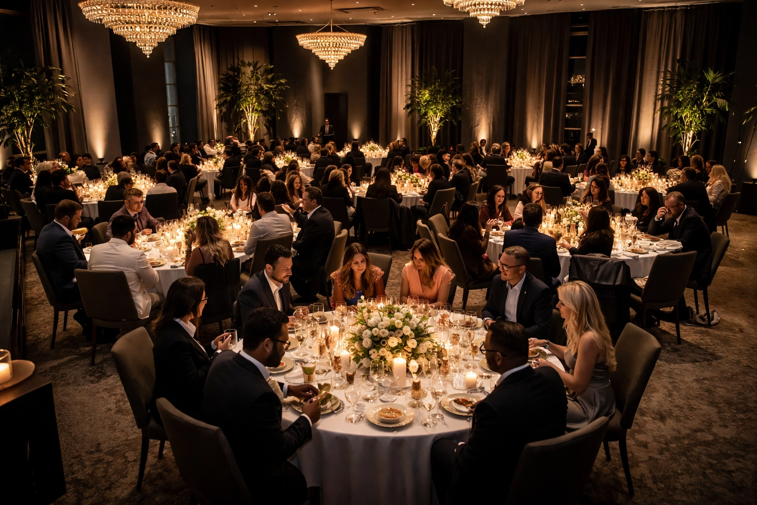 Elegant dinner service at a luxury event with professional sound design integrated throughout the venue