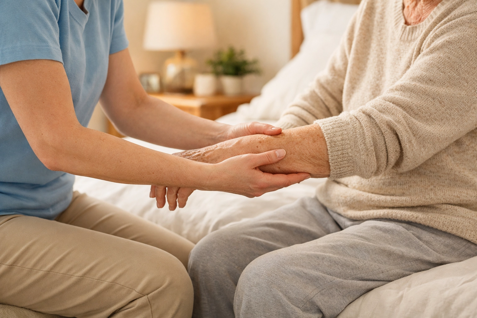Caregiver helping elderly person after a fall with proper support technique