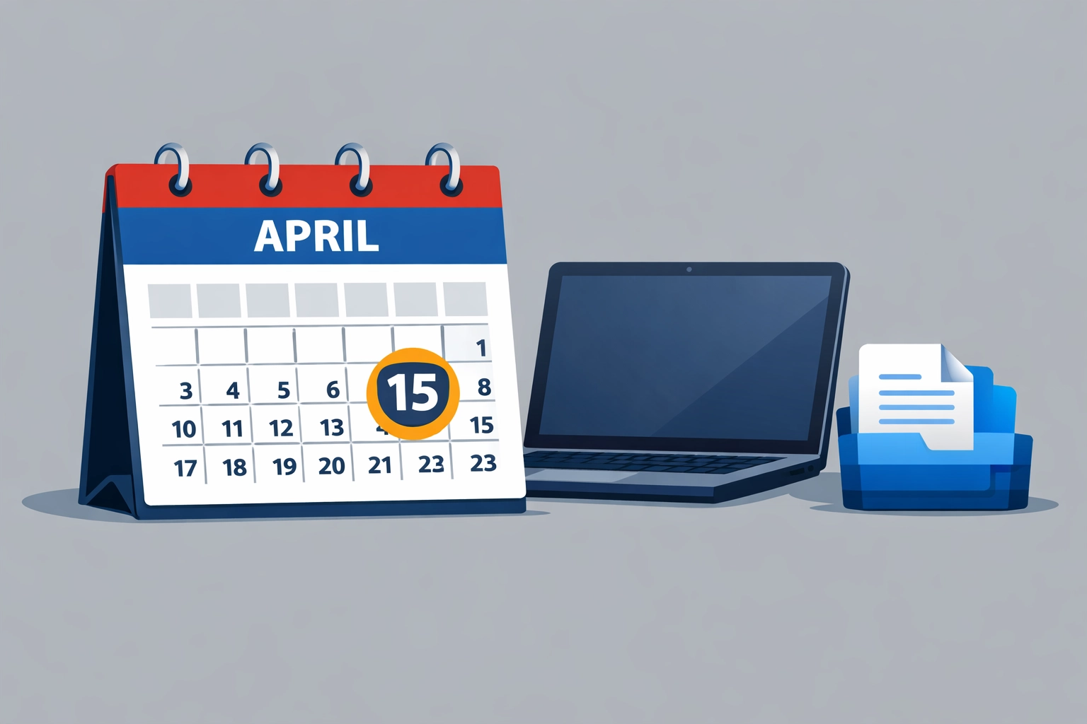 April 15 IRS tax filing deadline calendar with digital documents for virtual tax preparation.
