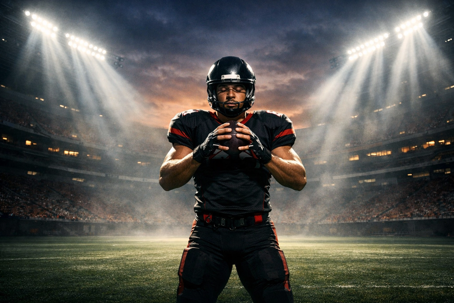 Athlete practicing mental visualization and imagery training alone in empty football stadium