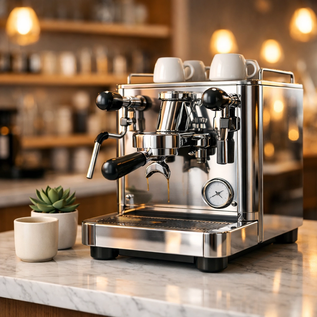 A premium stainless steel commercial espresso machine for speciality coffee shops on a marble counter.