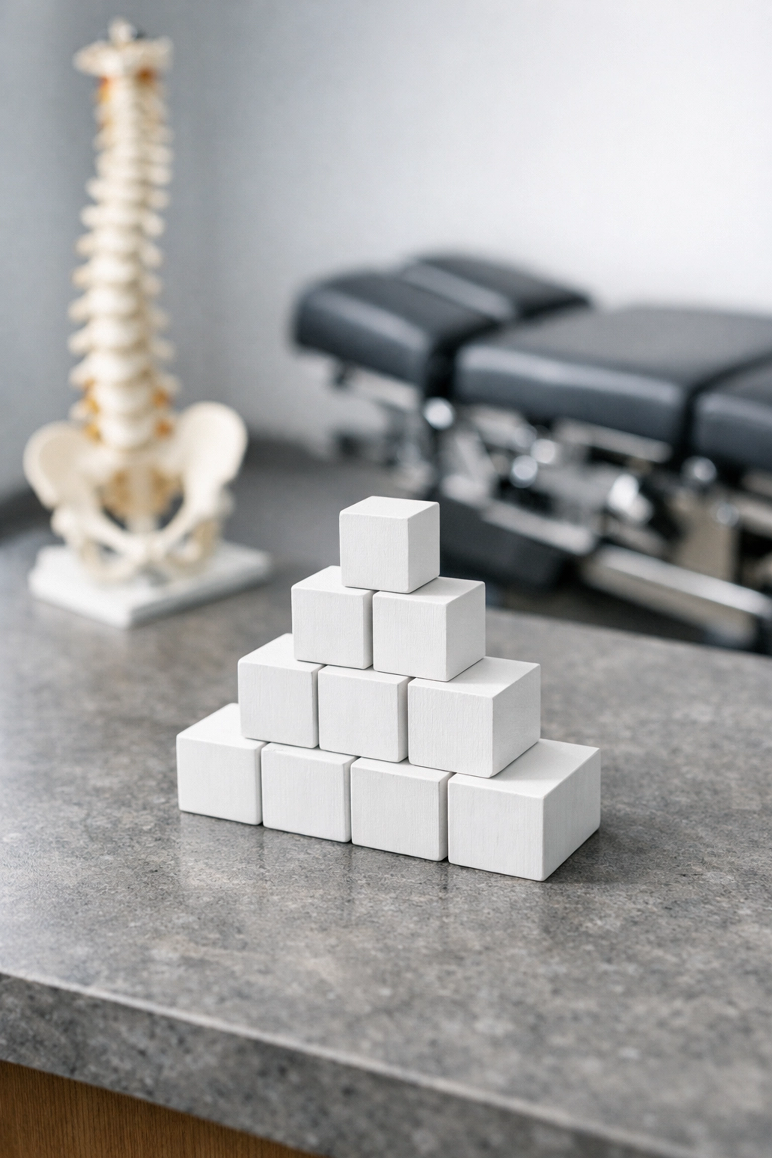 A stable pyramid of blocks in a clinic, illustrating a foundation-first chiropractic SEO strategy.