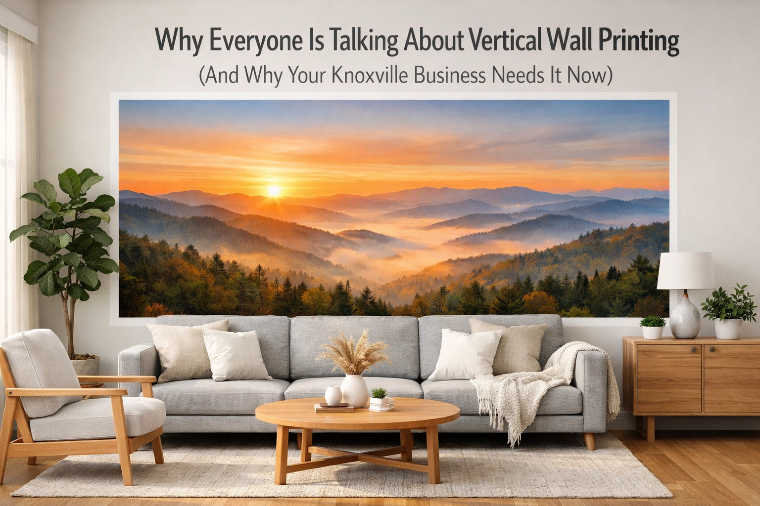 Custom Smoky Mountains mural printed on a living room wall using vertical wall printing technology in Knoxville.