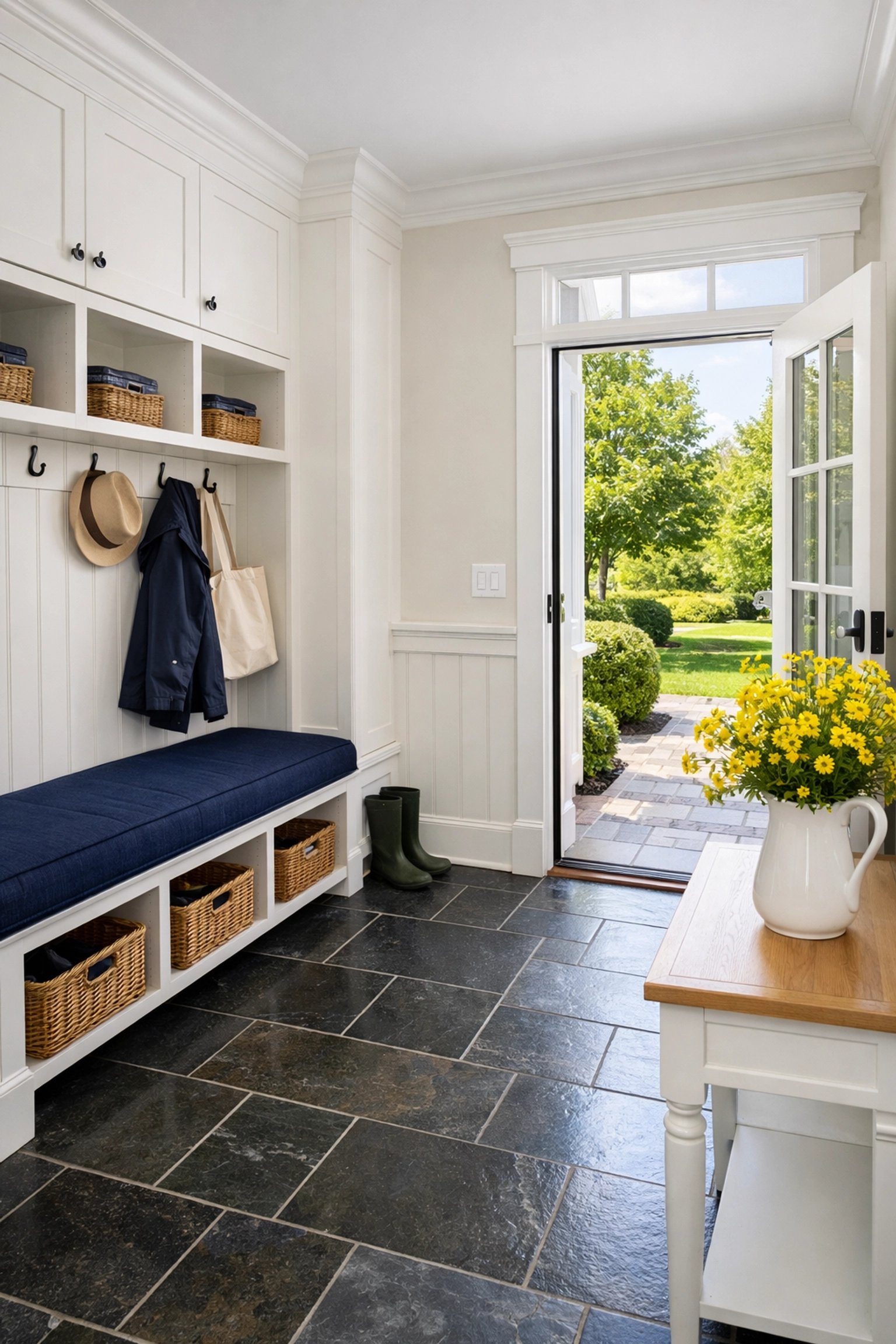 Detail-oriented cleaning in a Lincoln mudroom featuring spotless slate tile and organized storage.