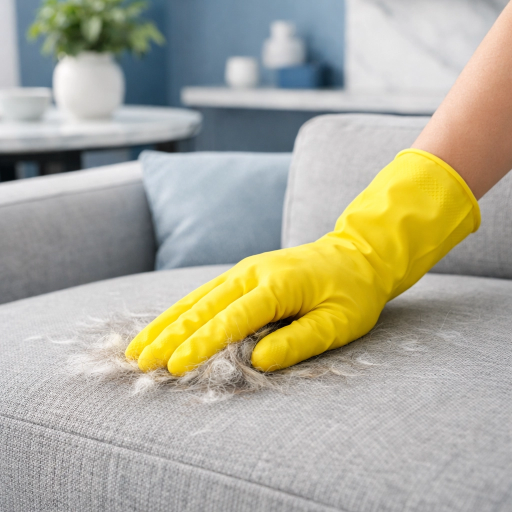 Using a yellow rubber glove to remove stubborn pet hair from a grey fabric sofa in a clean home.