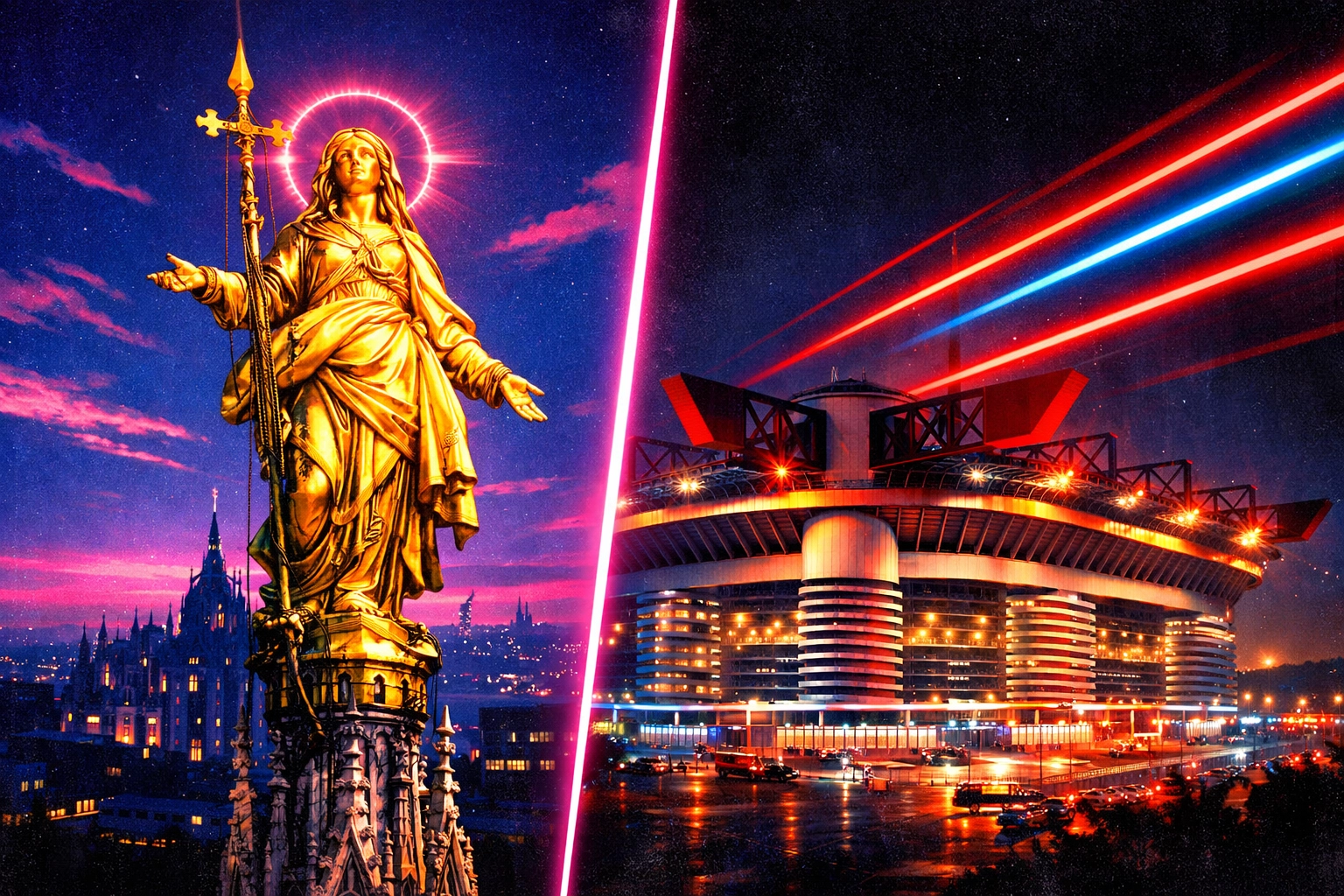 Madonnina statue and San Siro stadium representing the Derby della Madonnina rivalry