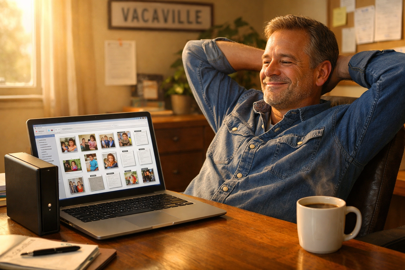 Relieved Vacaville business owner viewing successfully recovered files on a laptop after computer repair.