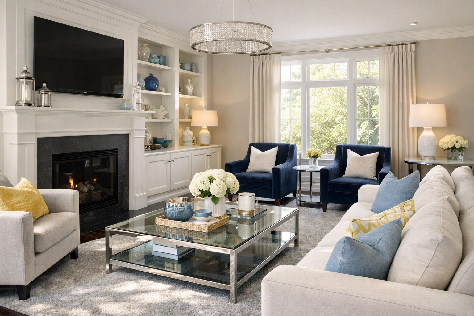 Sparkling clean luxury living room in a Massachusetts home following a professional residential deep cleaning.