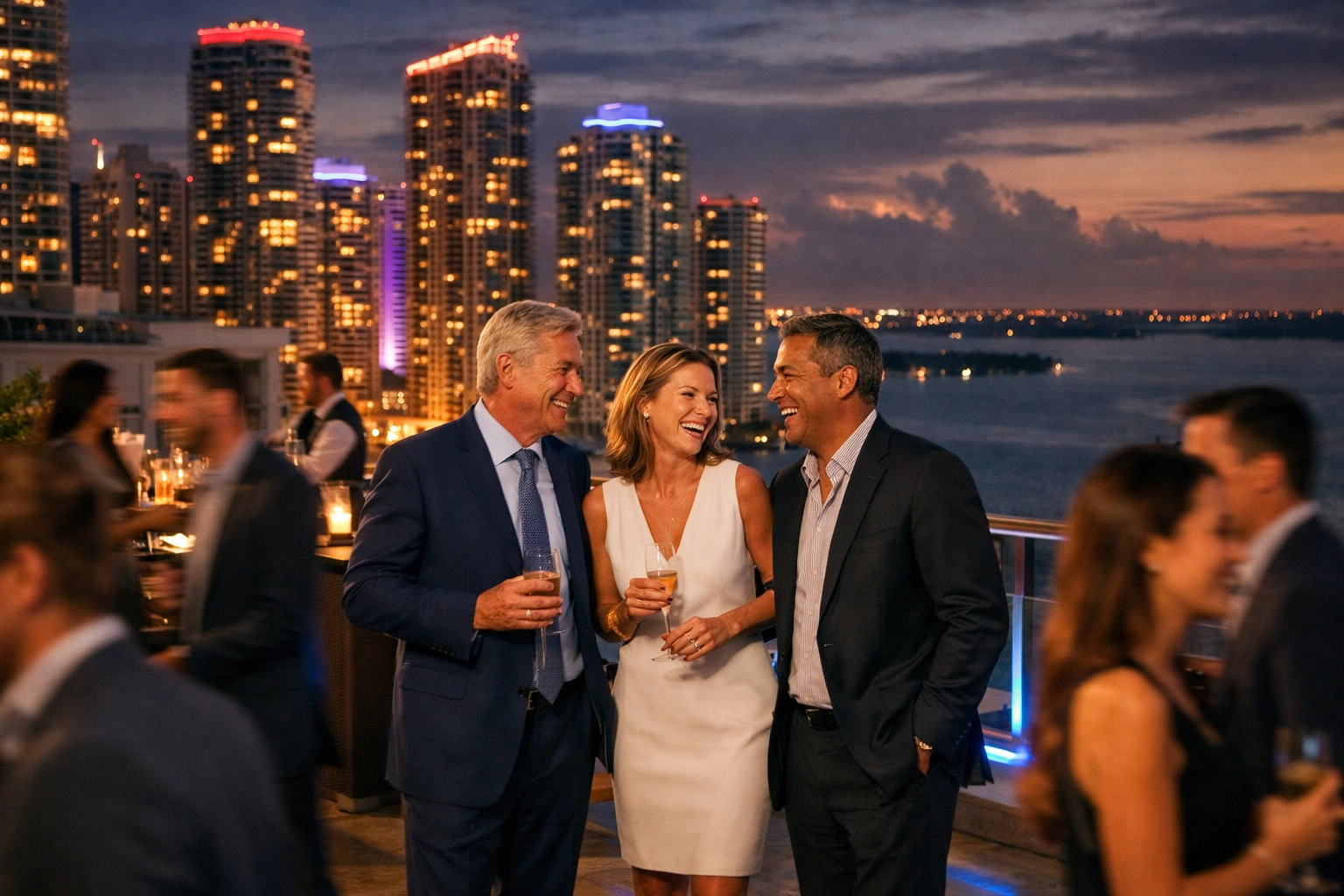 Corporate event photographer Miami capturing executives networking at a Brickell rooftop cocktail mixer.
