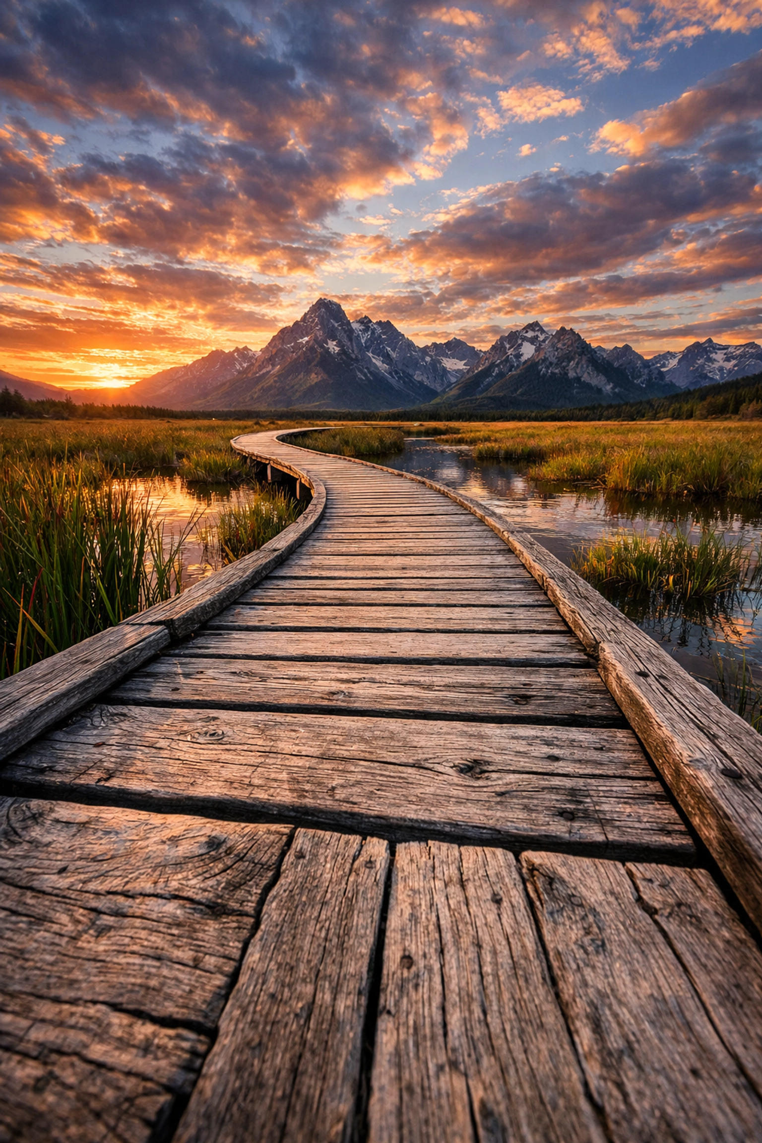 Wooden boardwalk leading to mountains showing composition for the ultimate guide to landscape photography.