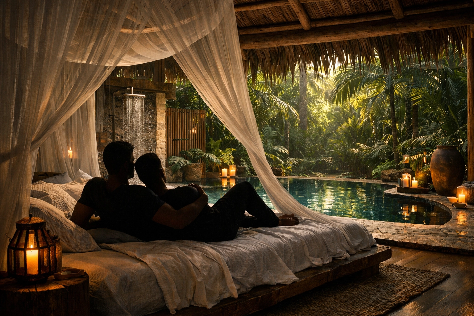 Luxury jungle suite in Tulum with gay couple relaxing in intimate eco-resort setting