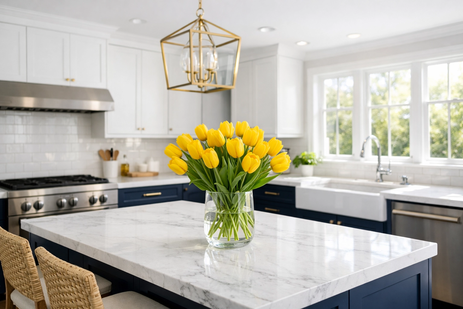 Clean modern kitchen with marble countertops showing the cost-saving benefits of weekly house cleaning.