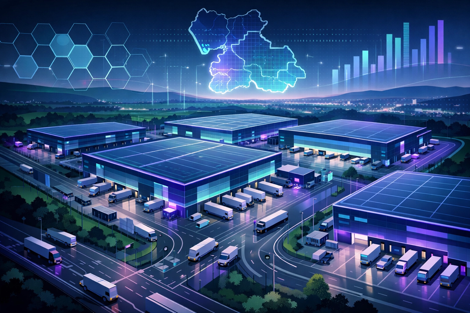 Sprawling North West logistics hub and warehouse distribution center showing industrial growth.