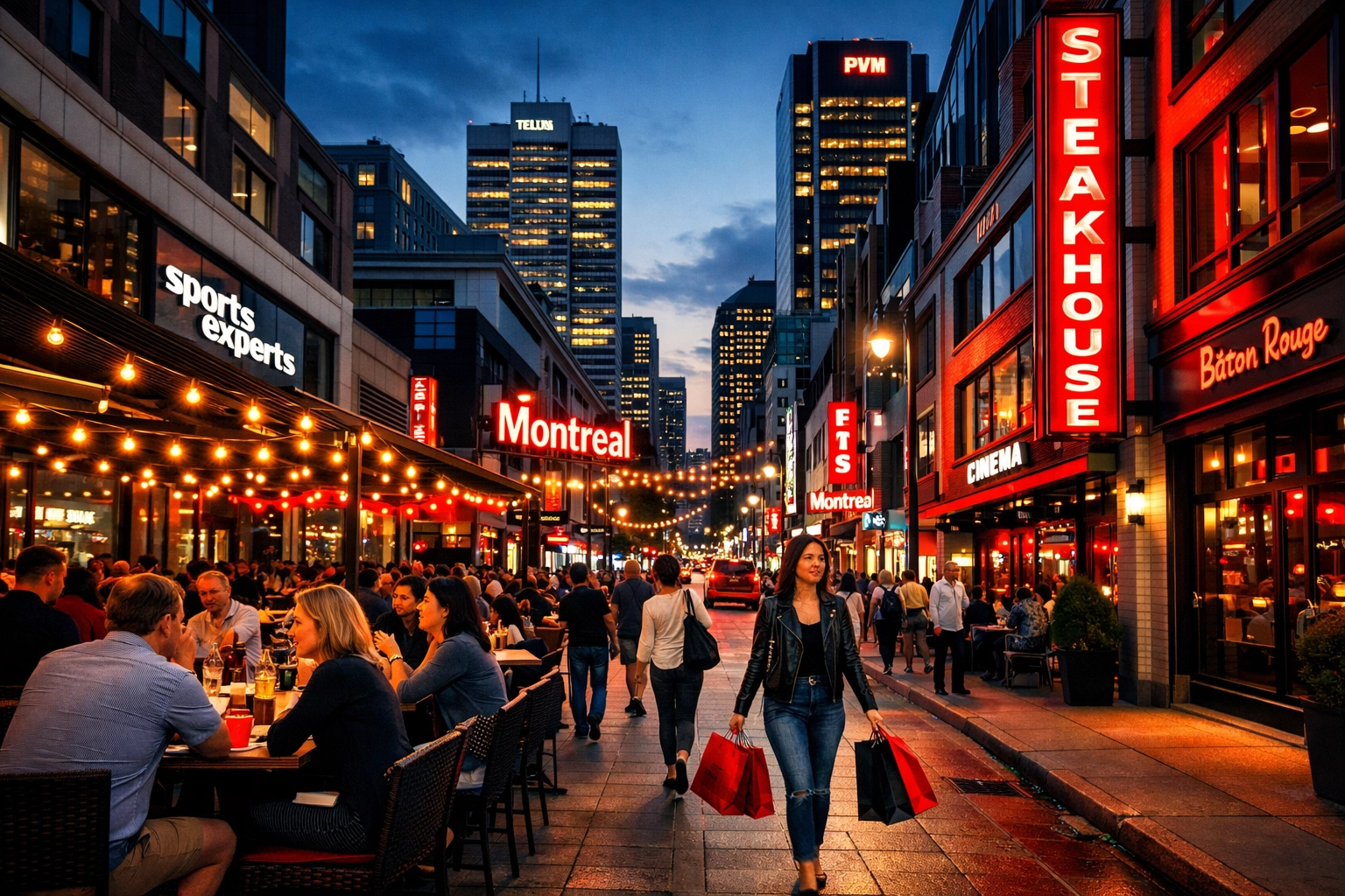 Bustling Montreal downtown streets showing revitalized economy with pedestrians and shops