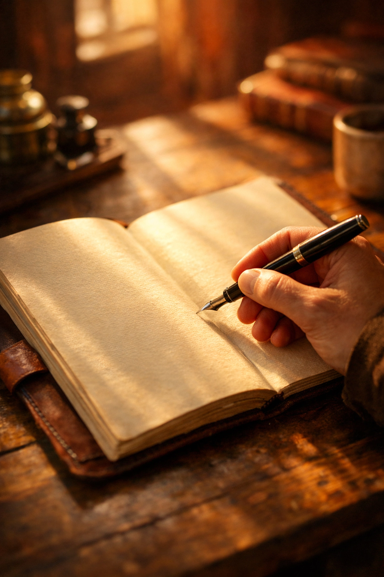 Journal and pen on a desk in warm light, representing freewriting for emotional clarity and healing.