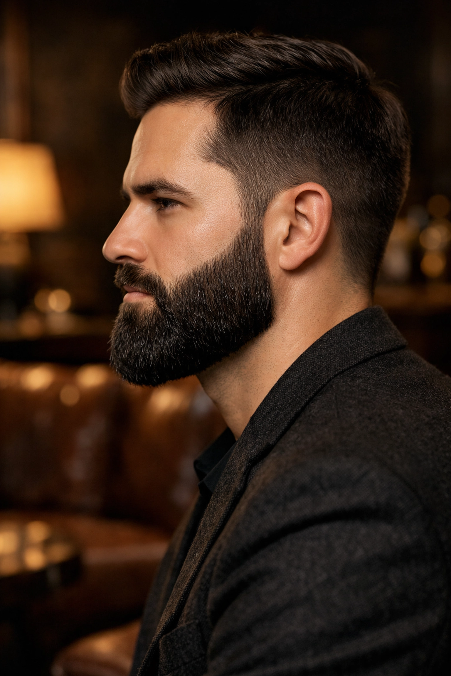 Side profile of a man with a perfectly shaped and groomed beard using natural styling wax.