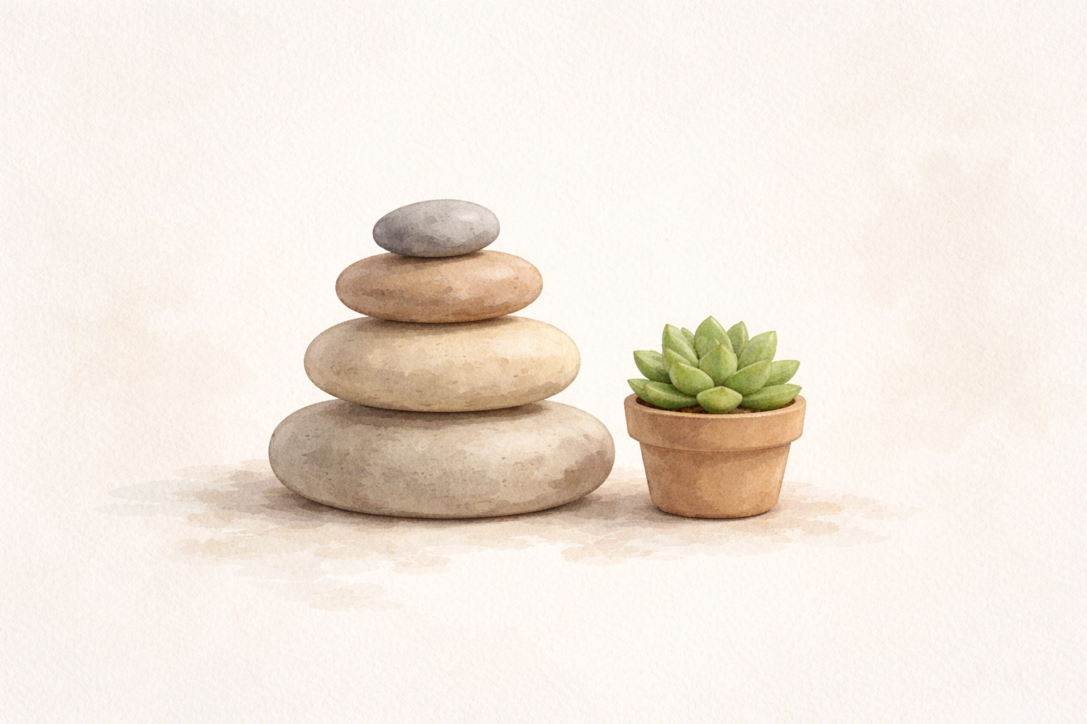Neat stack of pebbles and small succulent representing calm and balance gained from ADHD diagnosis.