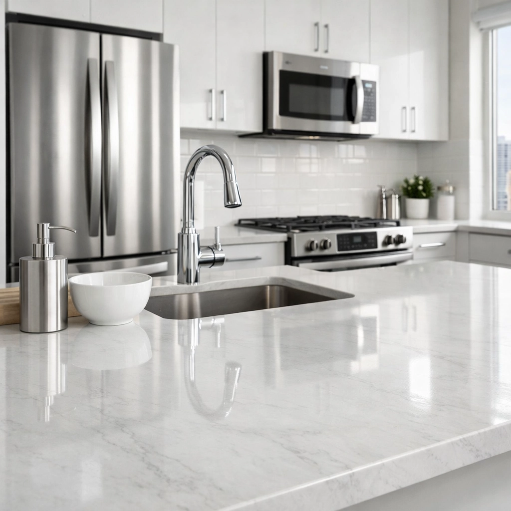 Professionally cleaned modern kitchen with stainless steel appliances and marble counters in a Chicago rental unit.