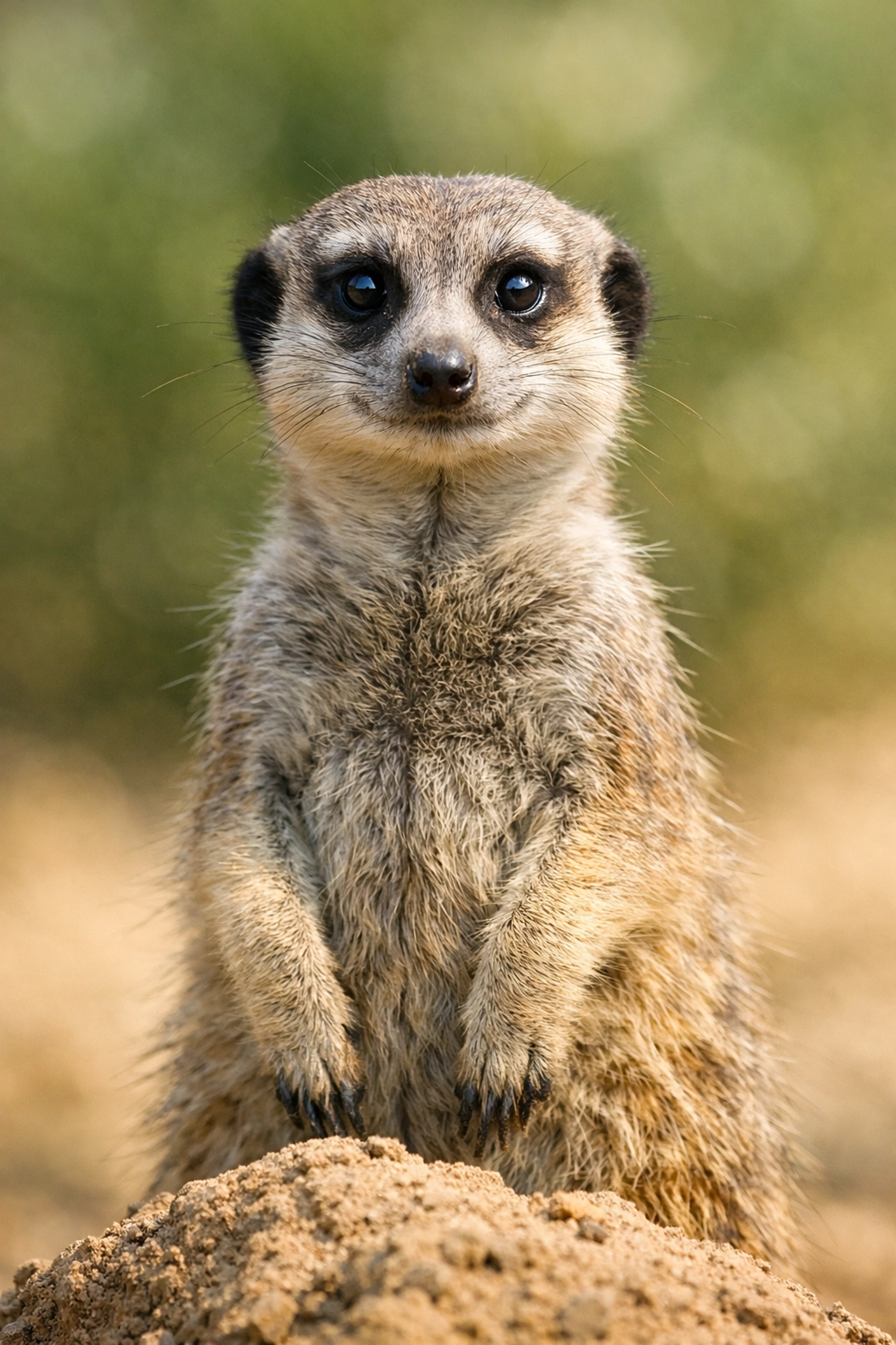 Eye-level portrait of a meerkat on a dirt mound with a soft blurred background.