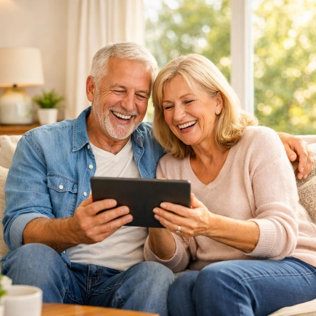 A retired couple happily reviewing their healthcare options, representing financial security and Medicare savings.