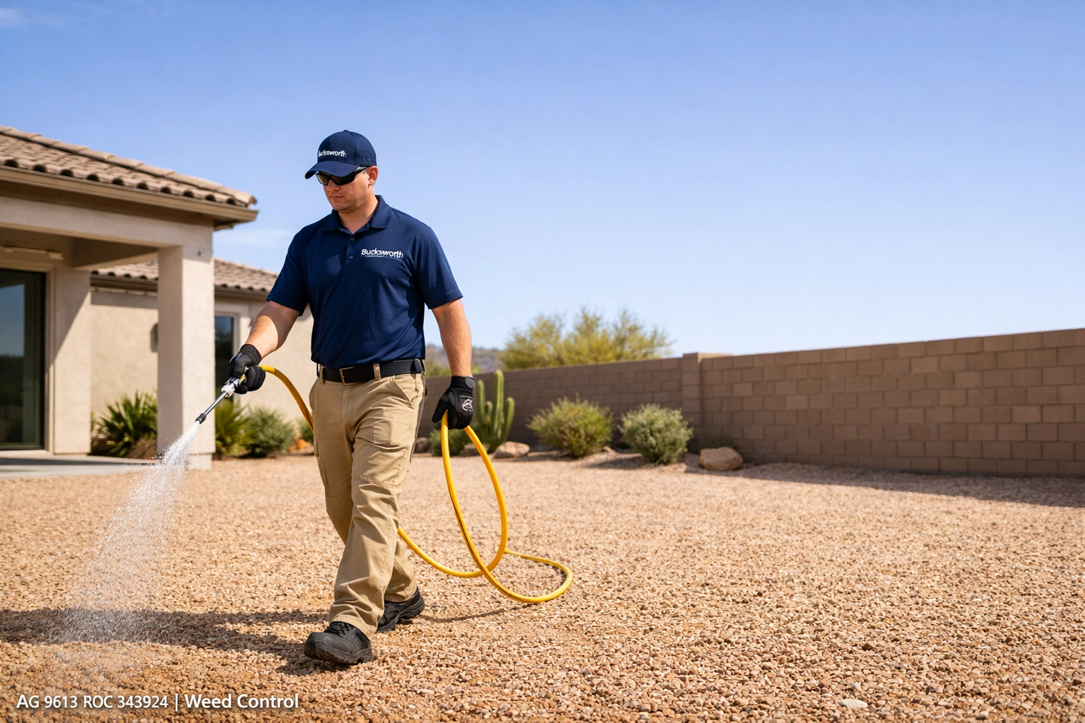 Professional Bucksworth technician performing targeted weed control in a Gilbert AZ backyard.