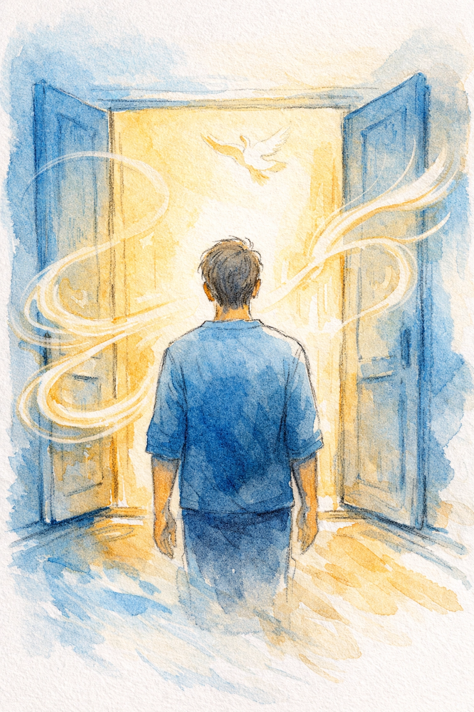 Person standing at open doorway preparing to step forward with authentic confidence