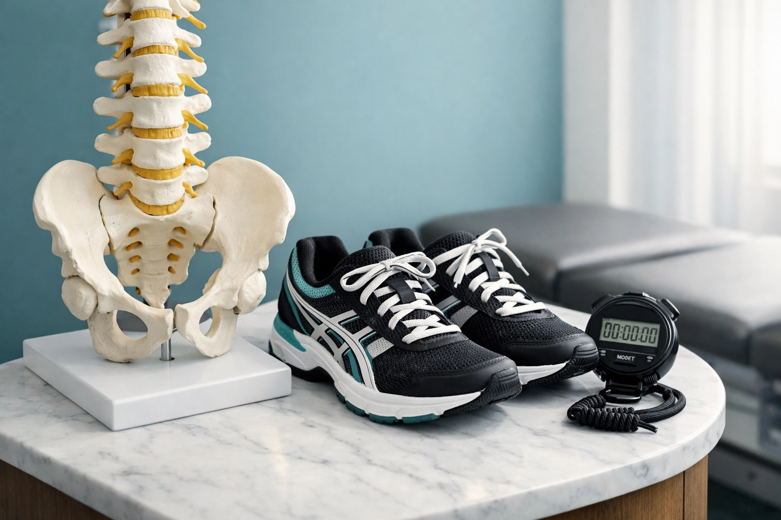 Spine model and athletic shoes representing niche authority in chiropractic marketing strategies.