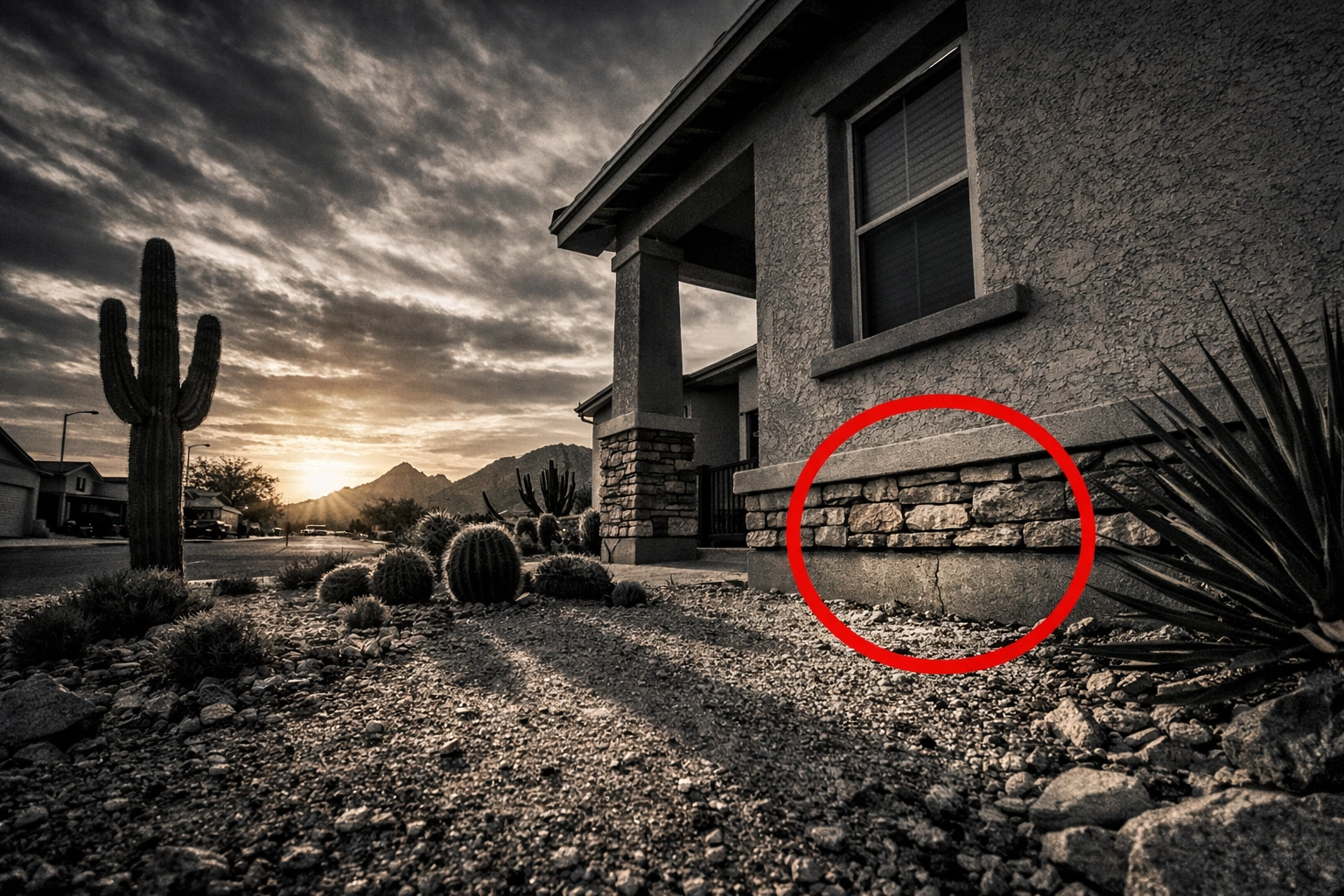 Residential street in Coolidge AZ, showing desert terrain near homes requiring local pest control services.