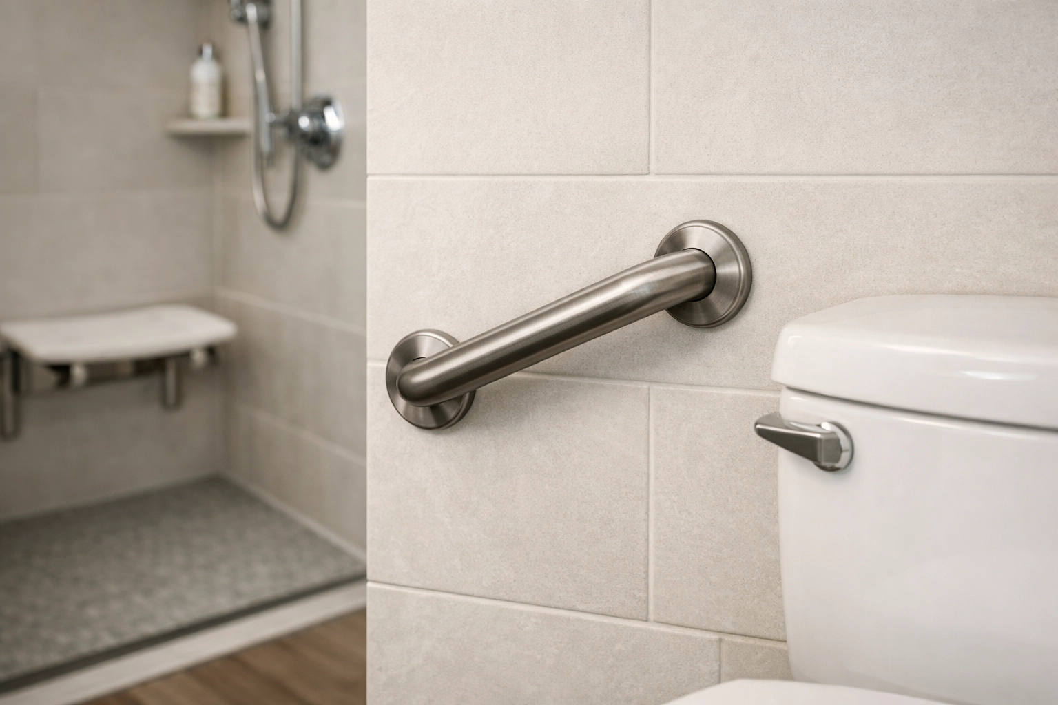 Bathroom safety modifications featuring a metal grab bar and non-slip flooring for dementia care.
