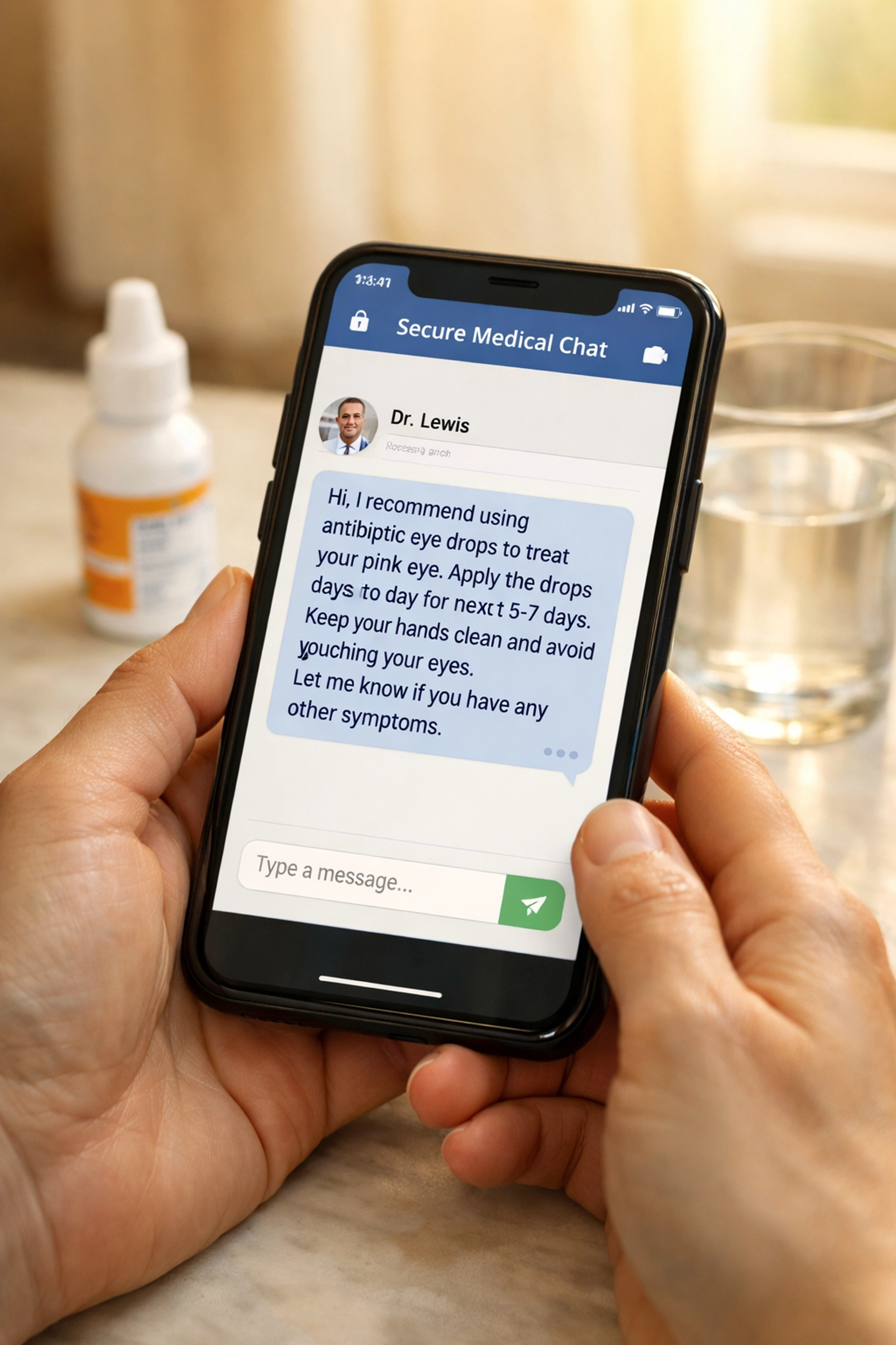 Patient using smartphone for online medical chat to get pink eye prescription with eye drops nearby