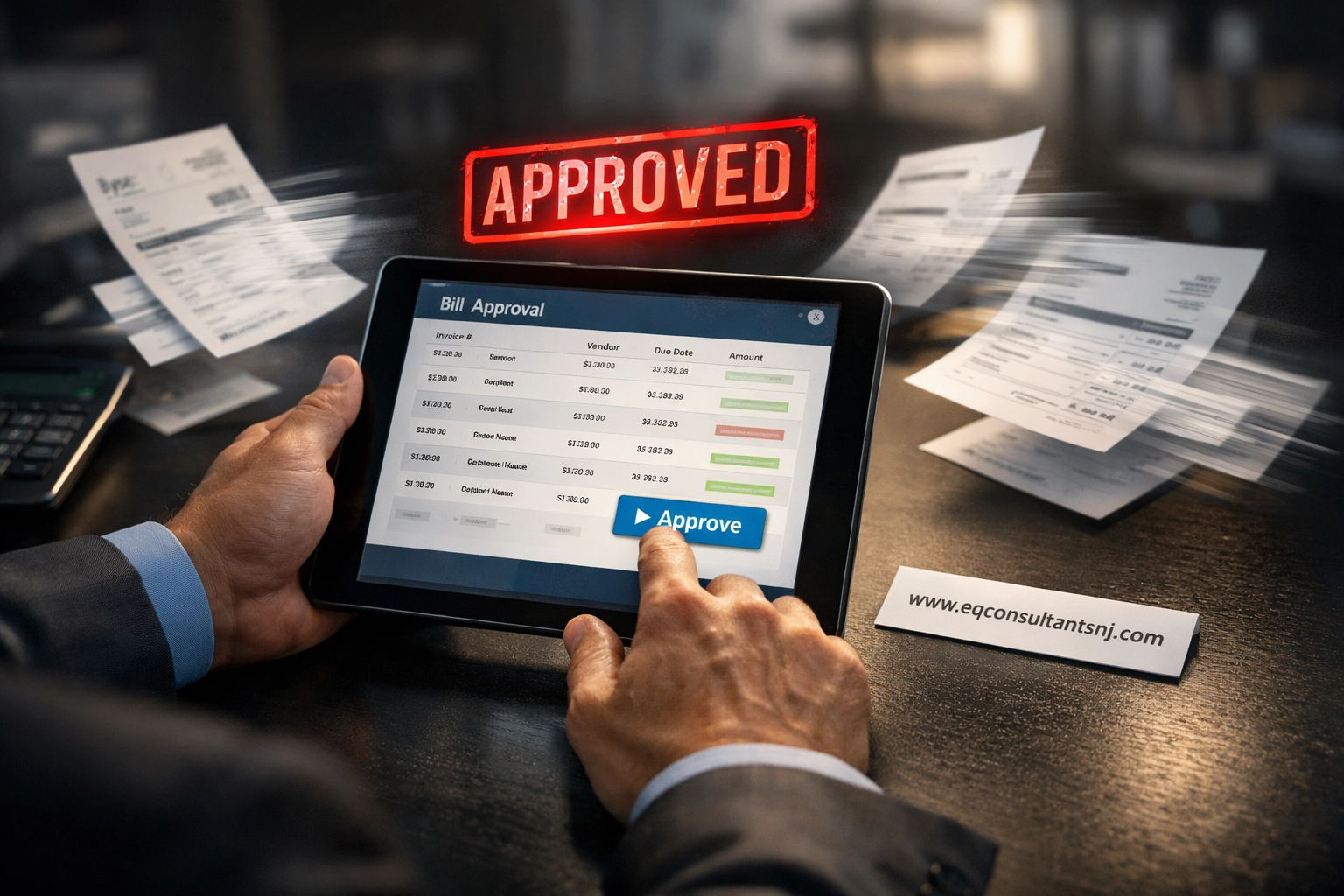 Digital bill approval on tablet streamlining accounts payable automation for businesses