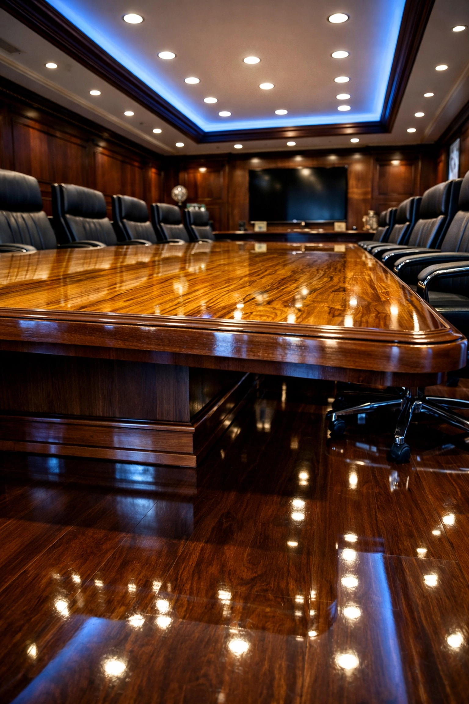 Polished hardwood floors in a luxury North Attleboro executive boardroom after professional cleaning.