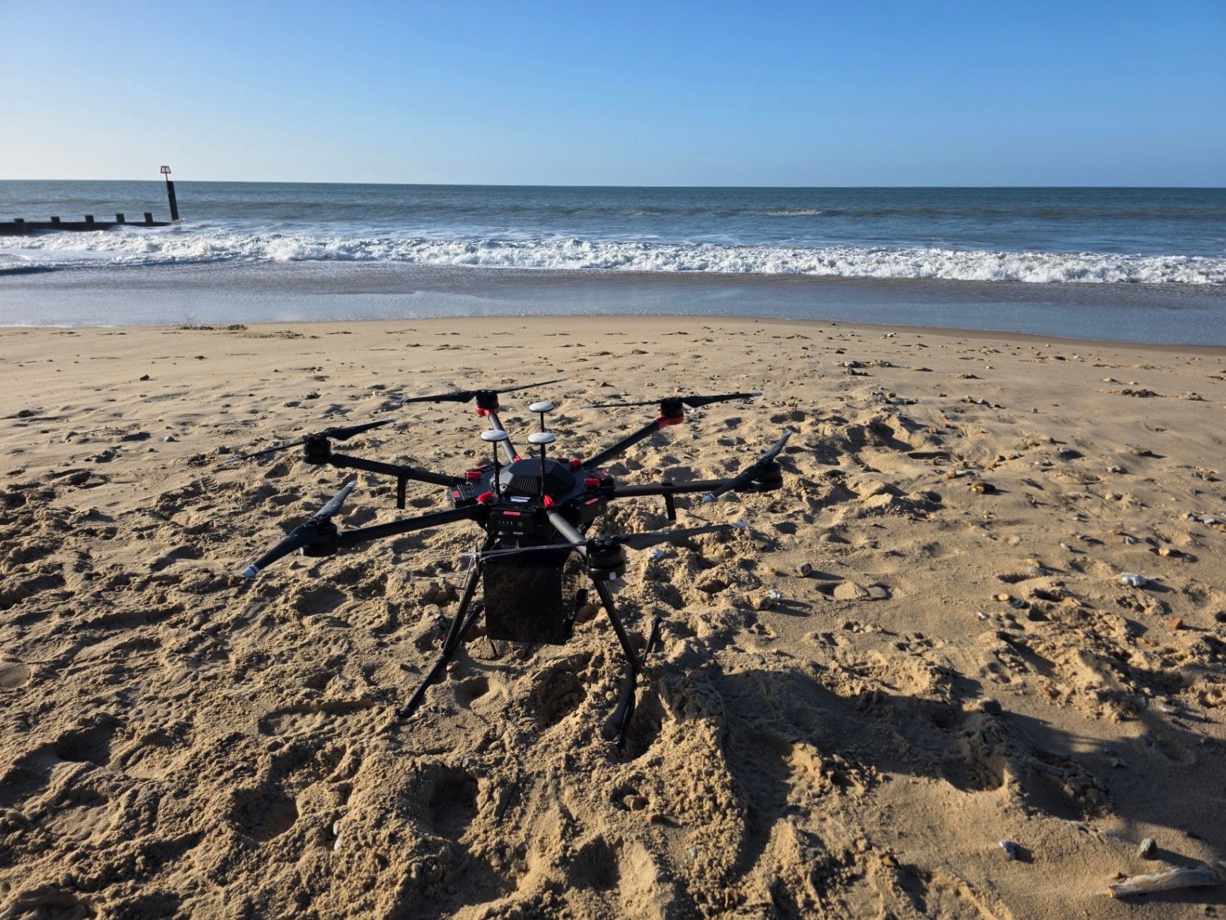 Hexacopter drone on the beach at Southbourne